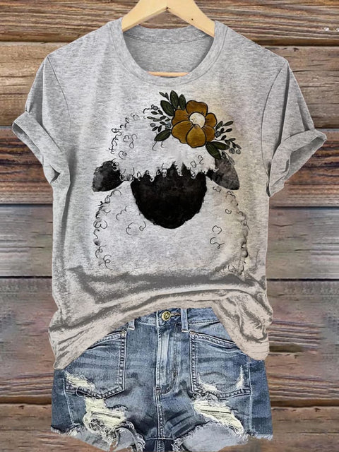 Simple Sheep Flower Print T-shirt