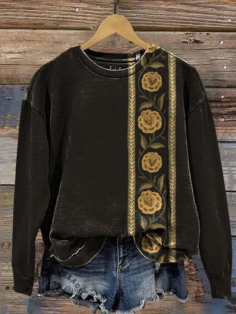 Simple Flower Stripe Pattern Casual Cotton Sweatshirt