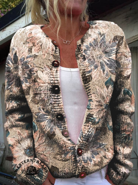 Retro Beige Floral Print Buttoned Cardigan Sweater