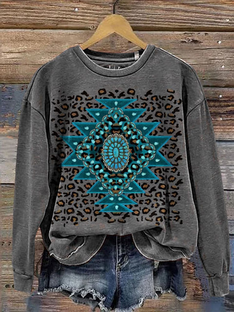Lepord Turquoise Aztec Pattern Casual Cotton Sweatshirt