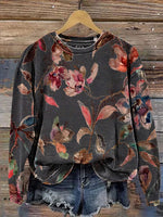 Retro Texture Foral Print Casual Cotton Sweatshirt