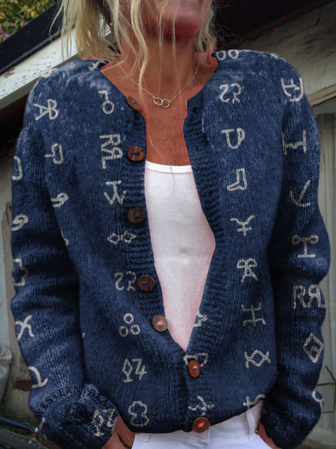 Simple Cattle Brand Pattern Print Buttoned Cardigan Sweater
