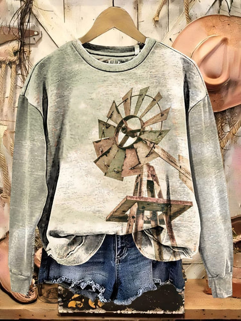Retro Western Country Windmill Casual Cotton Sweatshirt