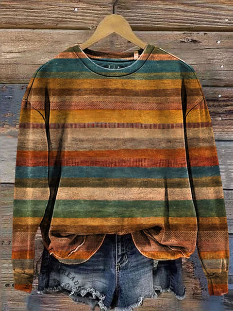 Retro Stripe Art Pattern Casual Cotton Sweatshirt