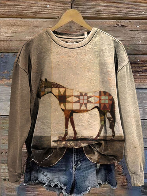 Retro Horse Art Print Casual Cotton Sweatshirt