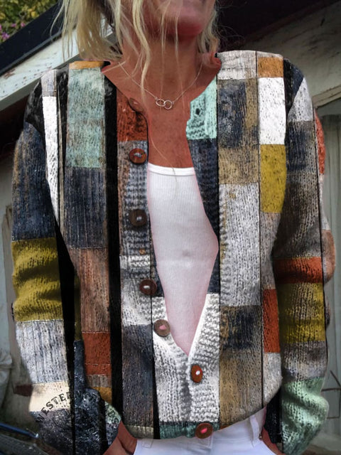 Reteo Texture Colorblock Art Print Buttoned Cardigan Sweater