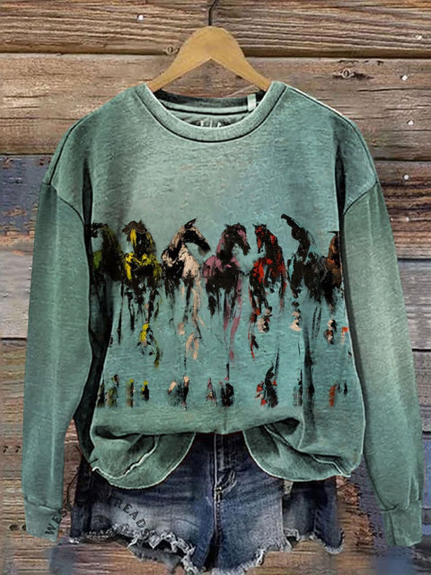 Retro Horse Art Pattern Casual Cotton Sweatshirt