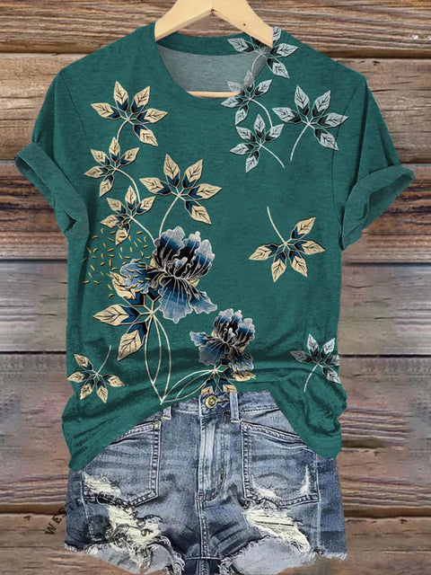 Blue Simple Flower Patten Print Casual T-shirt