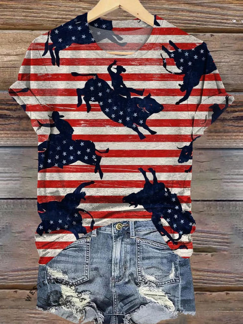 Retro Cow Star Strip Print T-shirt