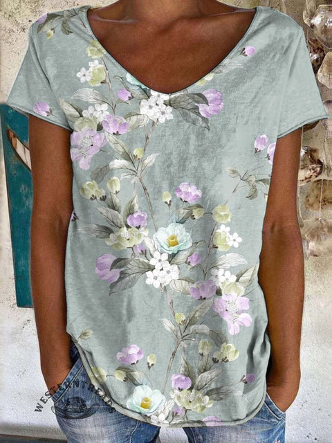 Casual Floral Print 100% Cotton Crew Tee