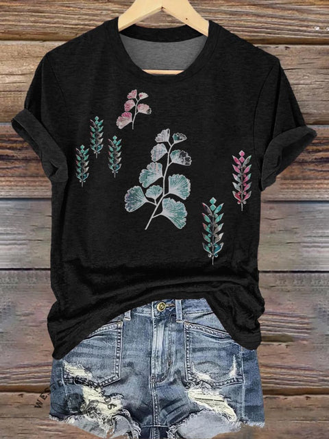 Black Simple Flower Patten Print Casual T-shirt