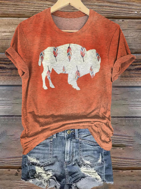 Retro Cow Bull Feather Print Casual T-shirt