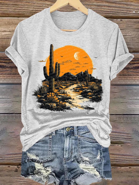 Sunset Cactus Print Casual Round Neck Short Sleeve T-Shirt