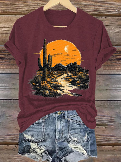 Sunset Cactus Print Casual Round Neck Short Sleeve T-Shirt