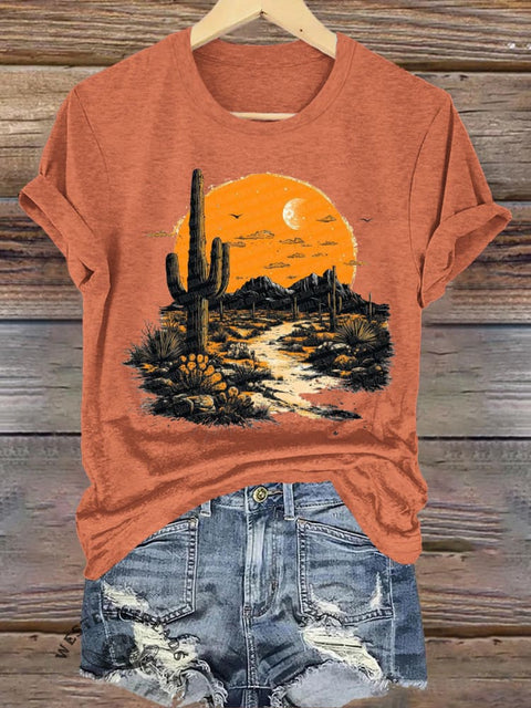 Sunset Cactus Print Casual Round Neck Short Sleeve T-Shirt