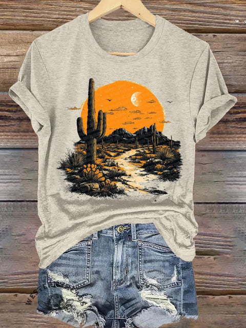 Sunset Cactus Print Casual Round Neck Short Sleeve T-Shirt