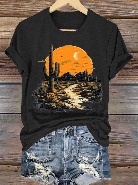 Sunset Cactus Print Casual Round Neck Short Sleeve T-Shirt