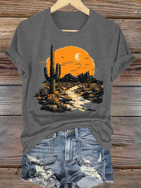 Sunset Cactus Print Casual Round Neck Short Sleeve T-Shirt