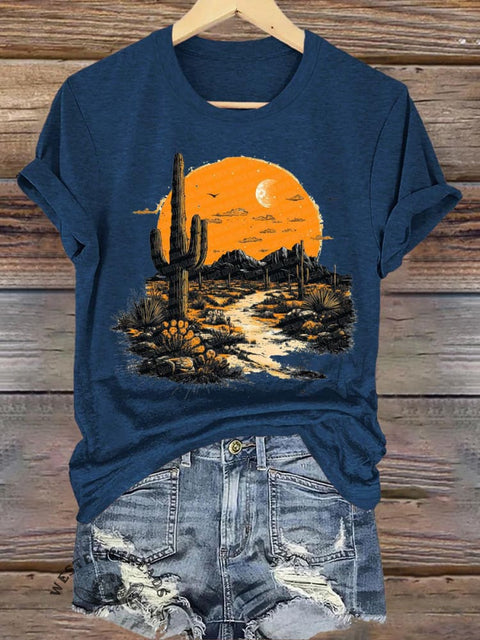 Sunset Cactus Print Casual Round Neck Short Sleeve T-Shirt
