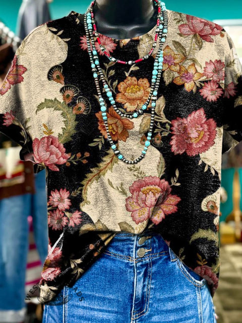 Retro Patchwork Floral Vine Print Casual Round Neck Short Sleeve T-Shirt