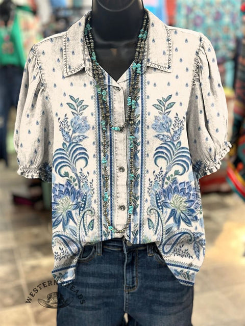 Women's Fresh Paisley Art Floral Print Casual Cotton Linen Shirt