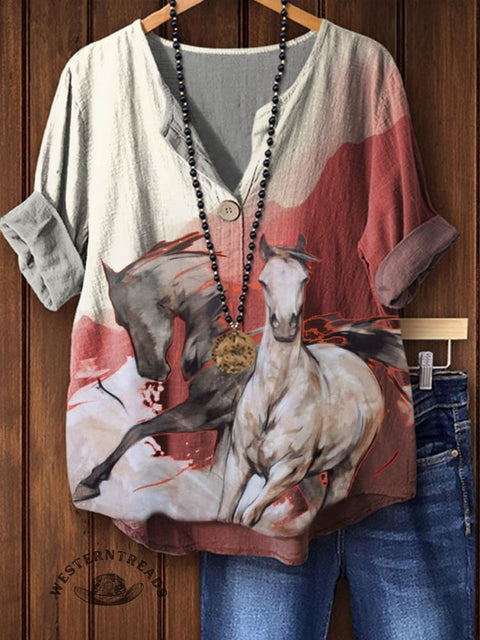 Gradient Horse Print Casual Cotton Linen Shirt