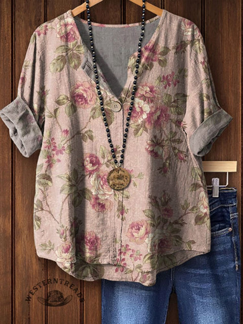 Classic Florals Printed Casual Cotton Linen Shirt