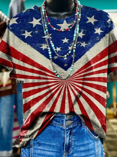American Flag Stripe Print Casual Crew Neck Short Sleeve T-Shirt