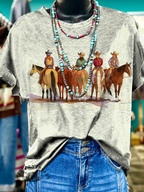 Horseback Riding Cowgirl Print Casual Crew Neck Short Sleeve T-Shirt