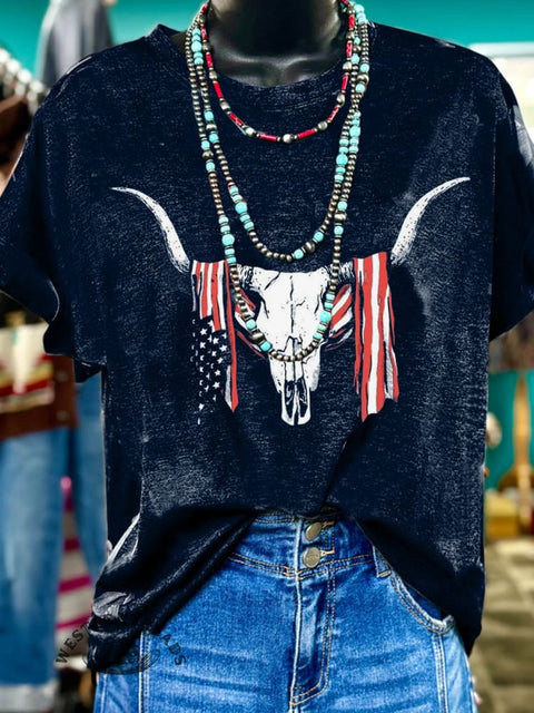 American Flag Bull Skull Western Art Print Casual Crew Neck Short Sleeve T-Shirt