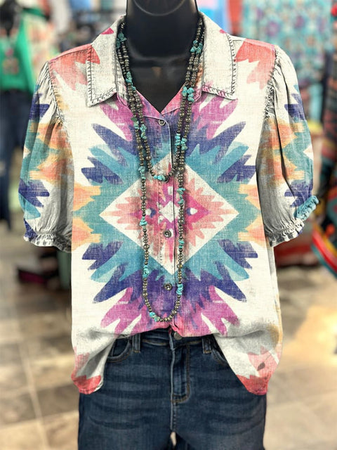 Women's Geometric Gradient Totem Western Art Print Casual Cotton-Linen Shirt