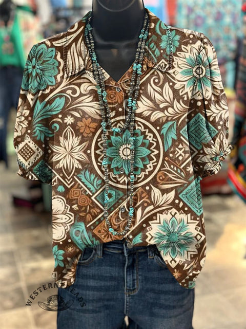 Women's Retro Totem Western Art Print Casual Cotton Linen Shirt