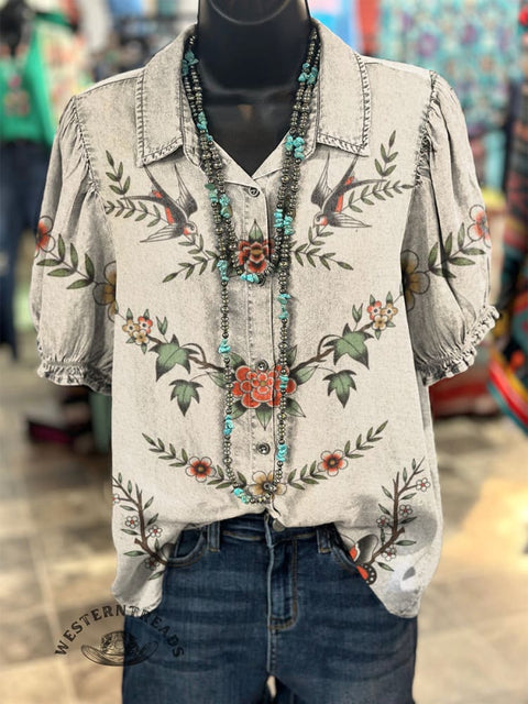 Women's Swallow Plant Floral Art Print Casual Cotton Linen Shirt