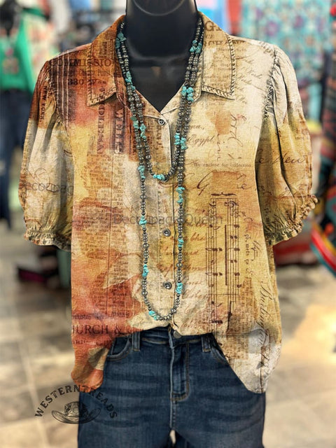 Women's Retro Gradient Music Score Letter Print Casual Cotton Linen Shirt