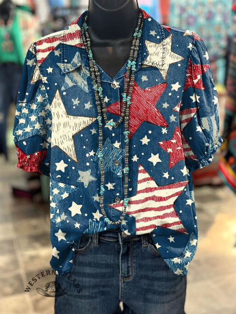 Women's Retro American Flag Star Print Casual Cotton Linen Shirt