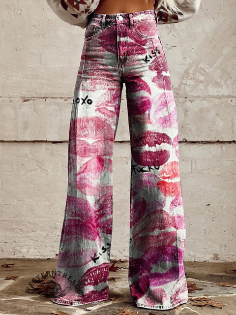 Women's Lip Print Wide Leg Pants