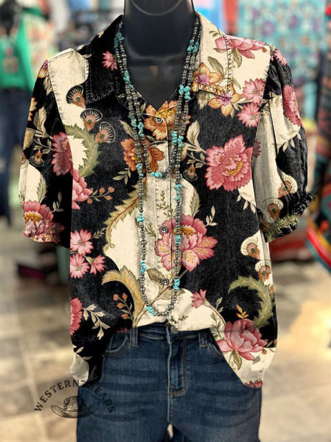 Women's Retro Patchwork Floral Vine Print Casual Cotton-Linen Shirt