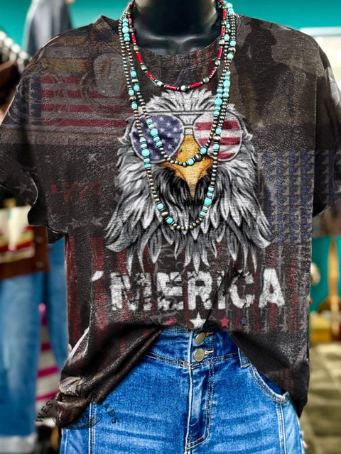 Eagle With American Flag Glasses Print Casual Round Neck Short Sleeve T-Shirt