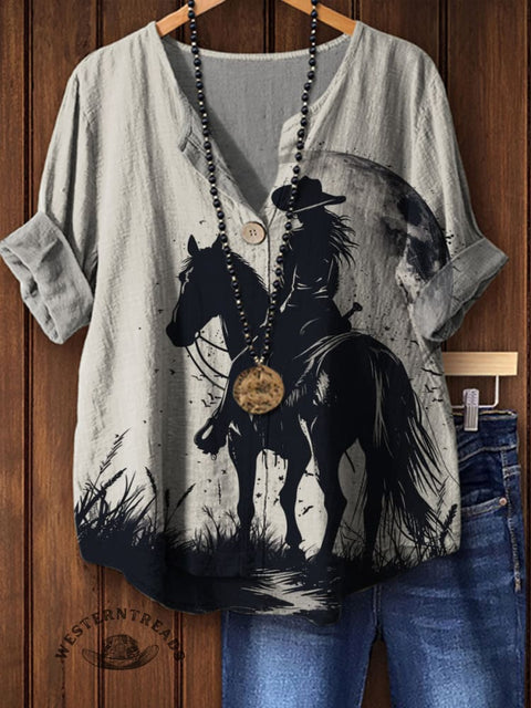 Women's Black and White Western Art Cowgirl Print Casual Cotton Linen Shirt