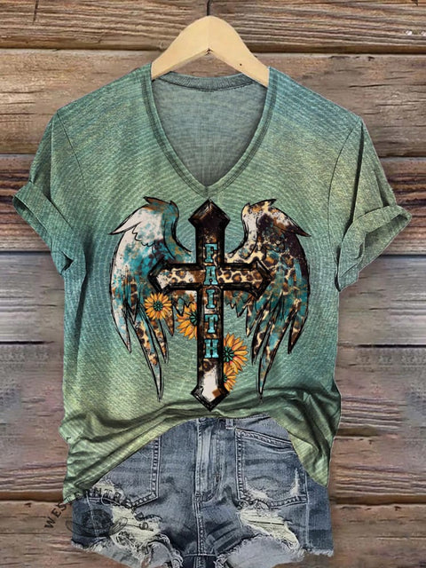 Leopard Sunflower Cross Wings Print Casual V-Neck Short Sleeve T-Shirt