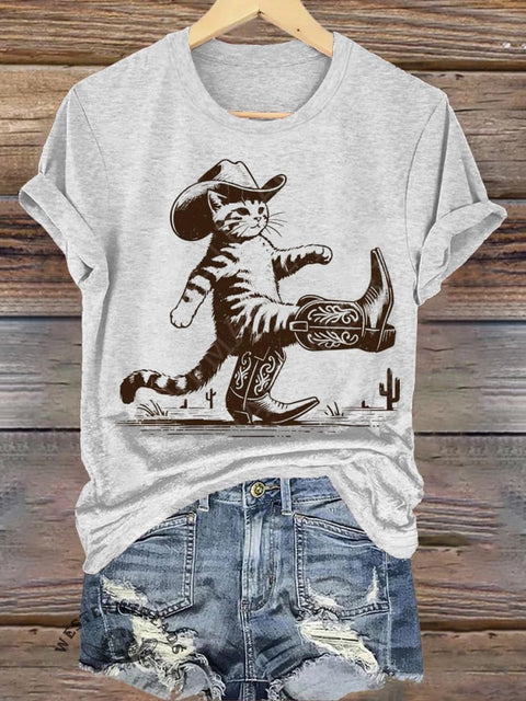 Cat in Cowboy Boots Printed Casual Round Neck Short Sleeve T-Shirt