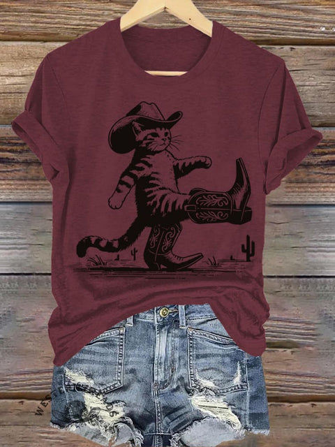 Cat in Cowboy Boots Printed Casual Round Neck Short Sleeve T-Shirt