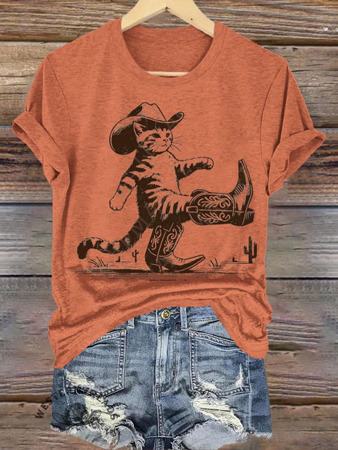 Cat in Cowboy Boots Printed Casual Round Neck Short Sleeve T-Shirt