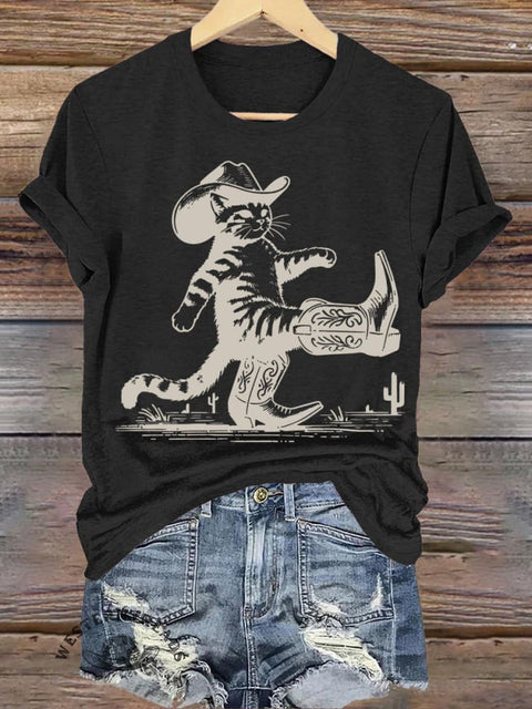 Cat in Cowboy Boots Printed Casual Round Neck Short Sleeve T-Shirt