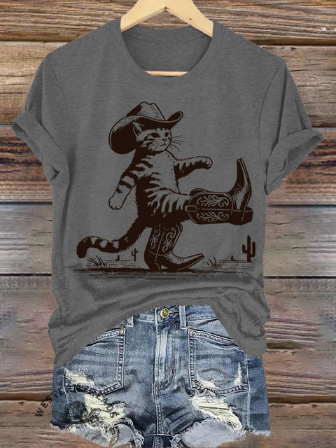 Cat in Cowboy Boots Printed Casual Round Neck Short Sleeve T-Shirt