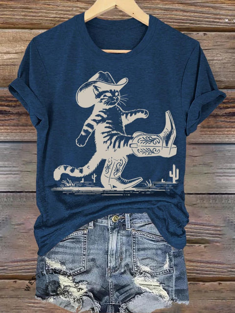 Cat in Cowboy Boots Printed Casual Round Neck Short Sleeve T-Shirt