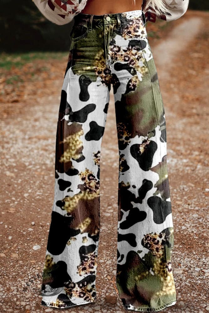 Cow Pattern Camouflage Wide Leg Pants