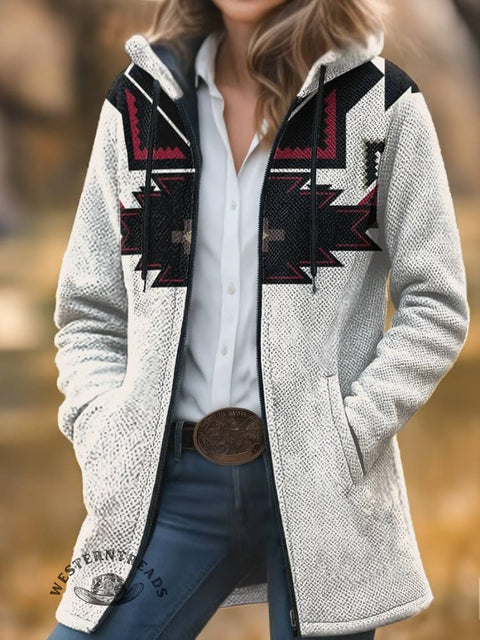 Aztec Print Unisex Plush Thick Long-Sleeved Cardigan Coat