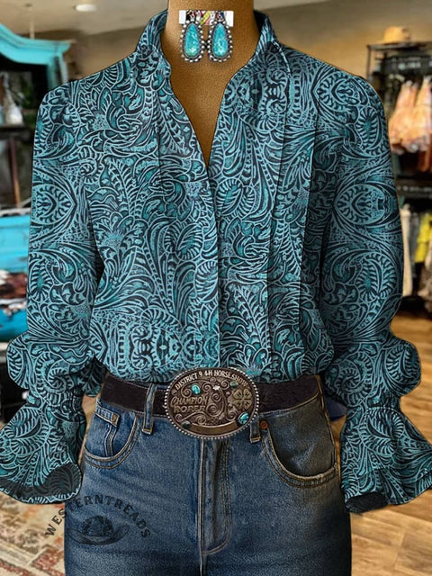 Women's Classic West Print Casual Cotton And Linen Shirt