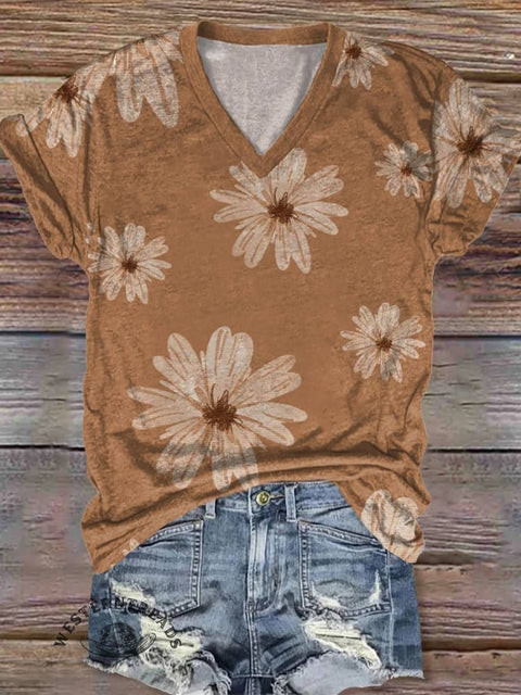 Women's Flower Print V-neck Casual T-Shirt